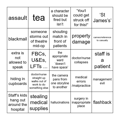 Holby City Bingo Card