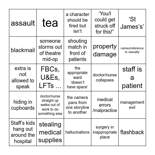 Holby City Bingo Card