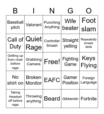 Streamer Rage Bingo Card