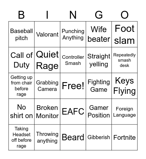 Streamer Rage Bingo Card