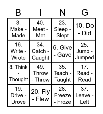 Past simple irregular verbs Bingo Card