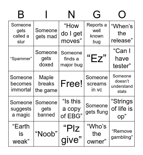 Public test Bingo Card