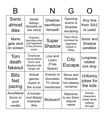 Sonk the Honk 3 Bingo Card