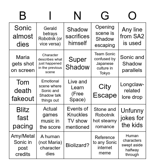 Sonk the Honk 3 Bingo Card