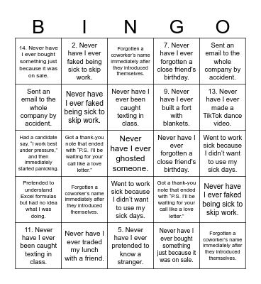 Never have I ever ( Cross off the things you've done) Bingo Card