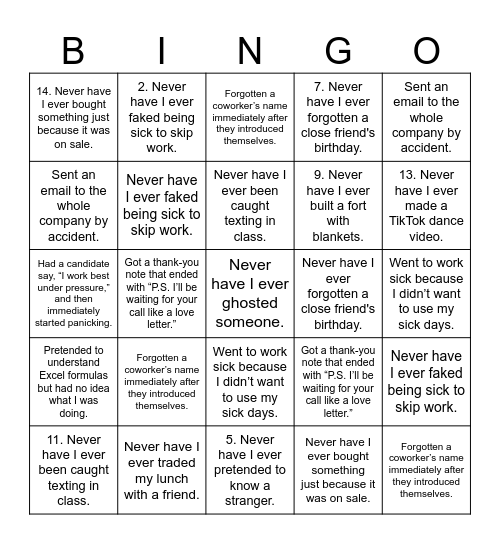 Never have I ever ( Cross off the things you've done) Bingo Card