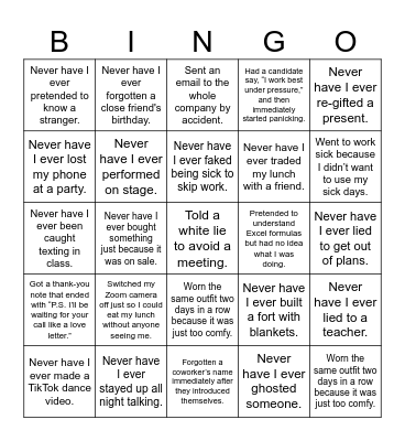 Never Have I EVER Bingo Card