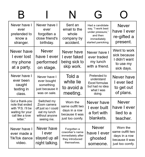 Never Have I EVER Bingo Card