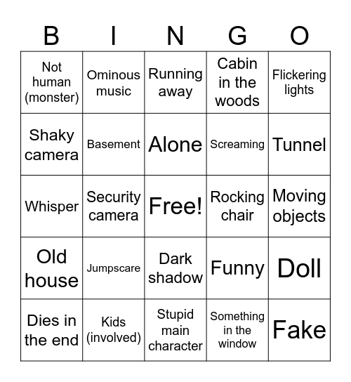 Scary video Bingo Card