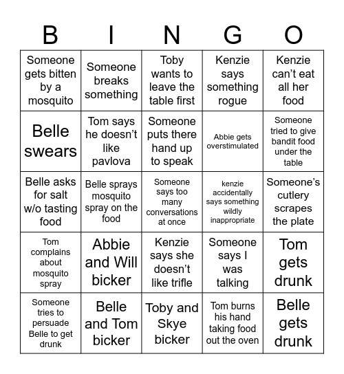 Lewis Christmas Dinner Bingo Card