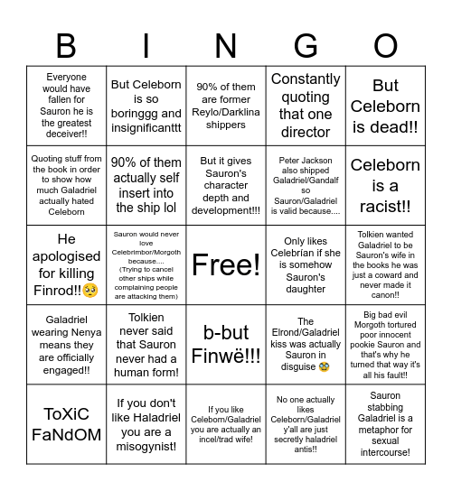 Average Haladriel shipper bingo card Bingo Card