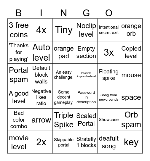 GD: Recent Level Bingo Card