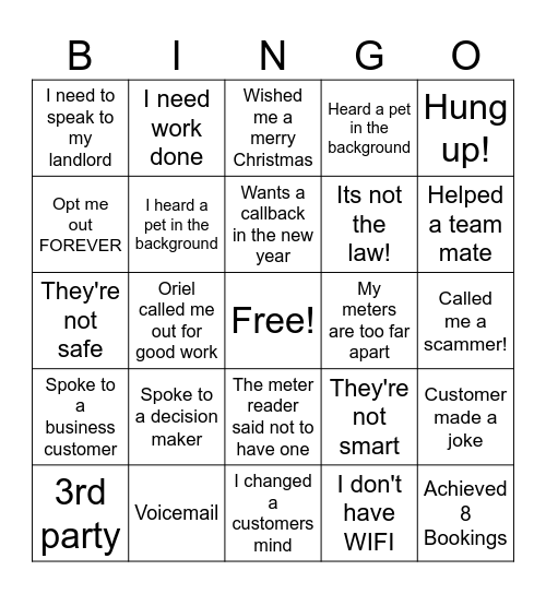 Call centre bingo Card