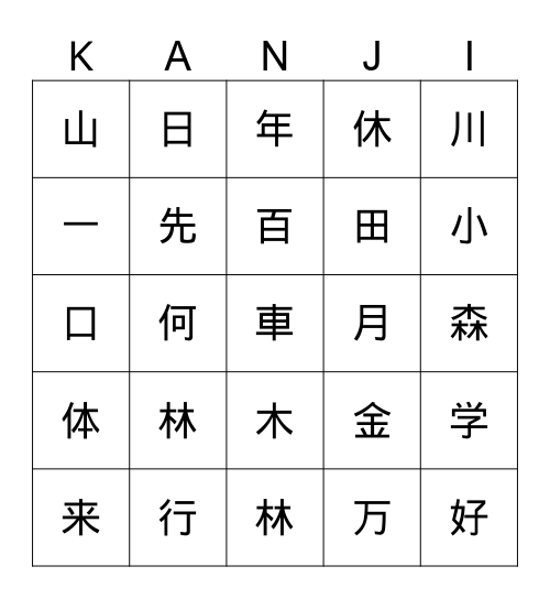Kanji Bingo Card