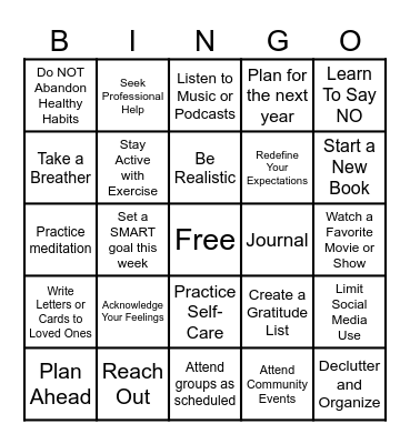 Holiday Coping Skills Bingo Card