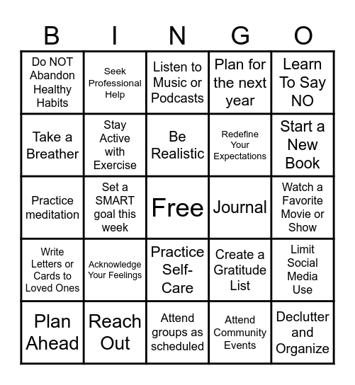 Holiday Coping Skills Bingo Card