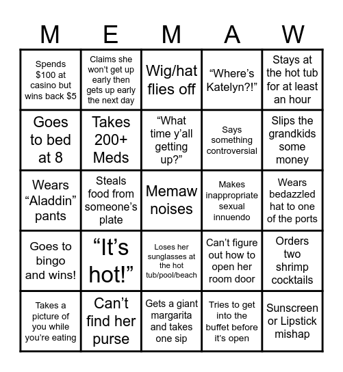 CRUISIN’ MEMAW BINGO Card