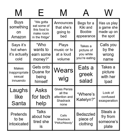 MEMAW BINGO Card