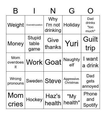 Parents Christmas Bingo Card