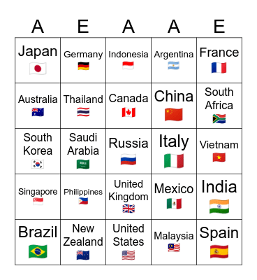 Countries Bingo Card