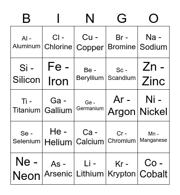Periodic Table Bingo Card