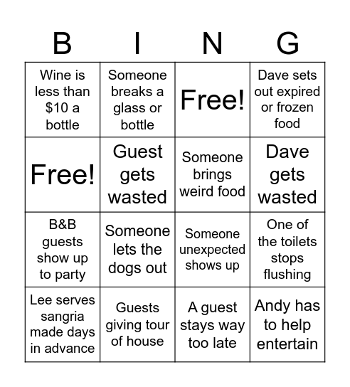 A Night at Dave's Bingo Card