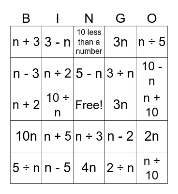 algebraic expressions Bingo Card