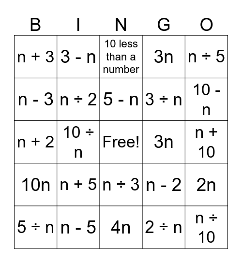 algebraic expressions Bingo Card