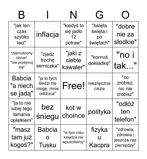 Święta Bingo Card