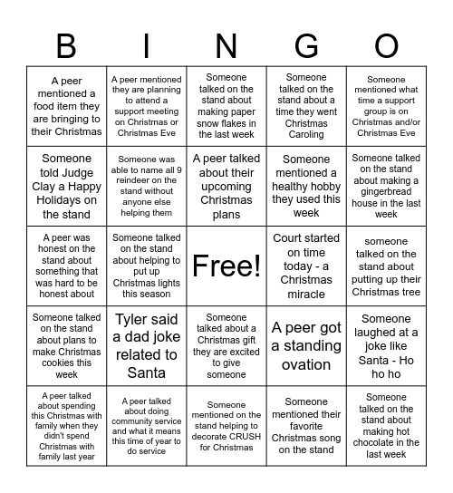 Drug Treatment Court Christmas edition Bingo Card