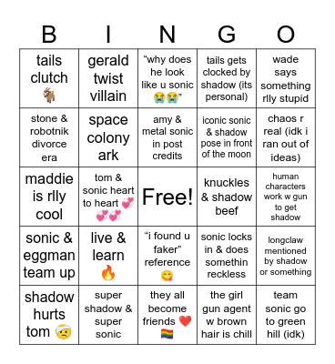 sonic 3 BINGO 💜 Bingo Card