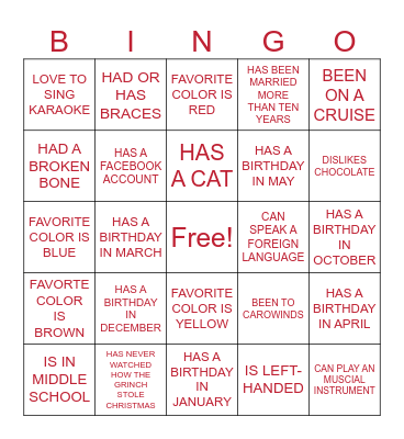 GETTING TO KNOW MY FAMILY Bingo Card