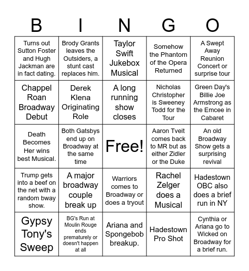 Nor's Broadway Bingo 2025 Bingo Card