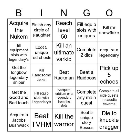 Borderlands 2 challenges Bingo Card