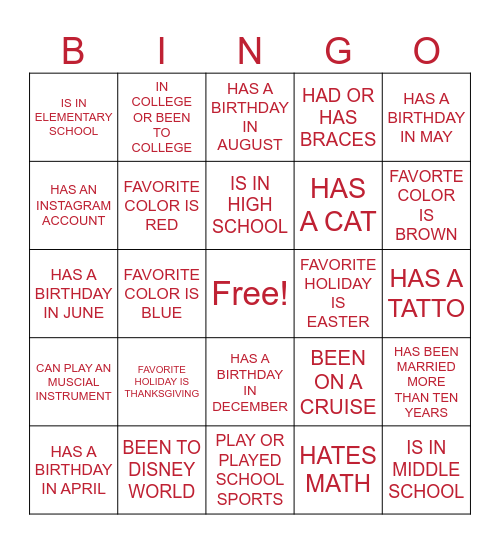 GETTING TO KNOW MY FAMILY Bingo Card