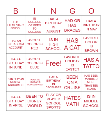 GETTING TO KNOW MY FAMILY Bingo Card