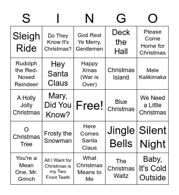 Christmas SINGO Bingo Card