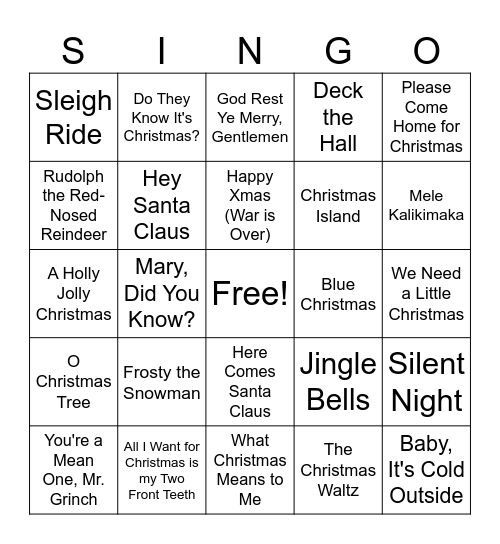 Christmas SINGO Bingo Card