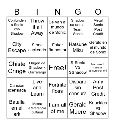 Sonic 3 Bingo Card