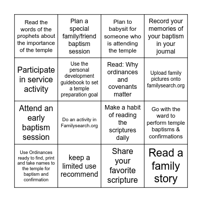 3rd Ward Temple & Family History 2025 Youth Invitation Bingo Card