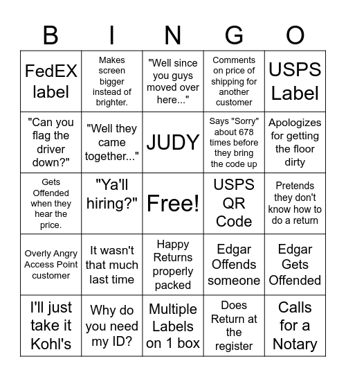 UPS Store Returns Bingo Card