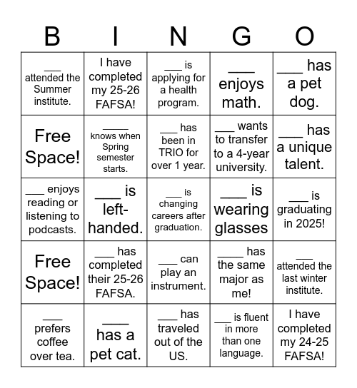 Ice Breaker Bingo Card