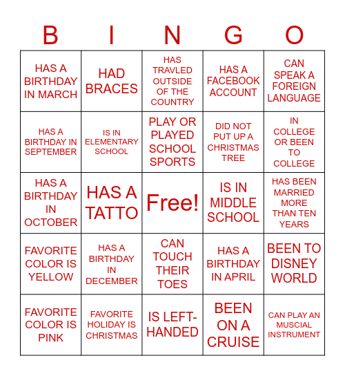 GETTING TO KNOW MY FAMILY Bingo Card