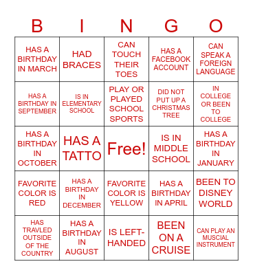 GETTING TO KNOW MY FAMILY Bingo Card