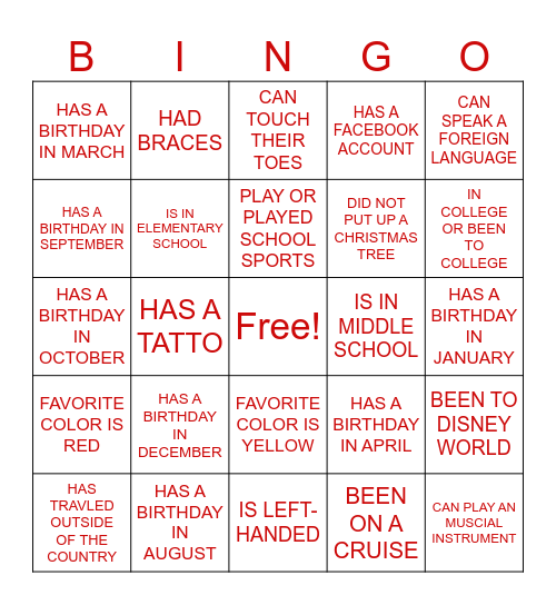 GETTING TO KNOW MY FAMILY Bingo Card