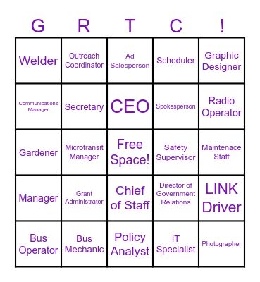 The Many Jobs of GRTC Bingo Card