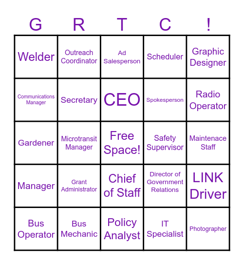 The Many Jobs of GRTC Bingo Card