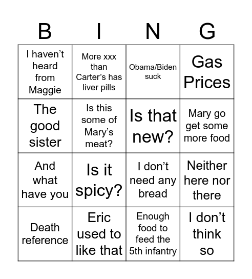 Griessel Family Bingo Card