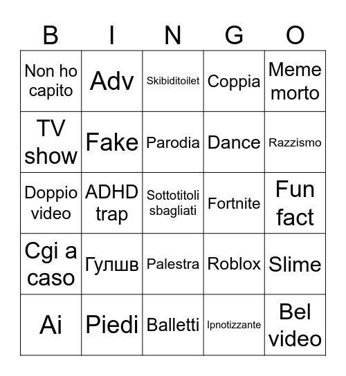 YouTube shorts Bingo Card