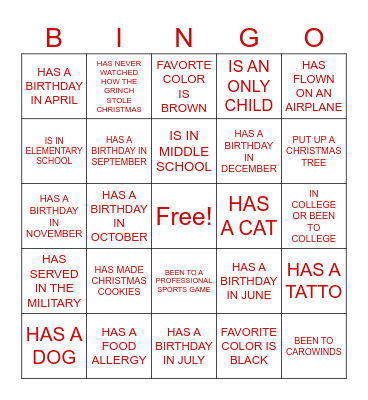 GETTING TO KNOW MY FAMILY Bingo Card